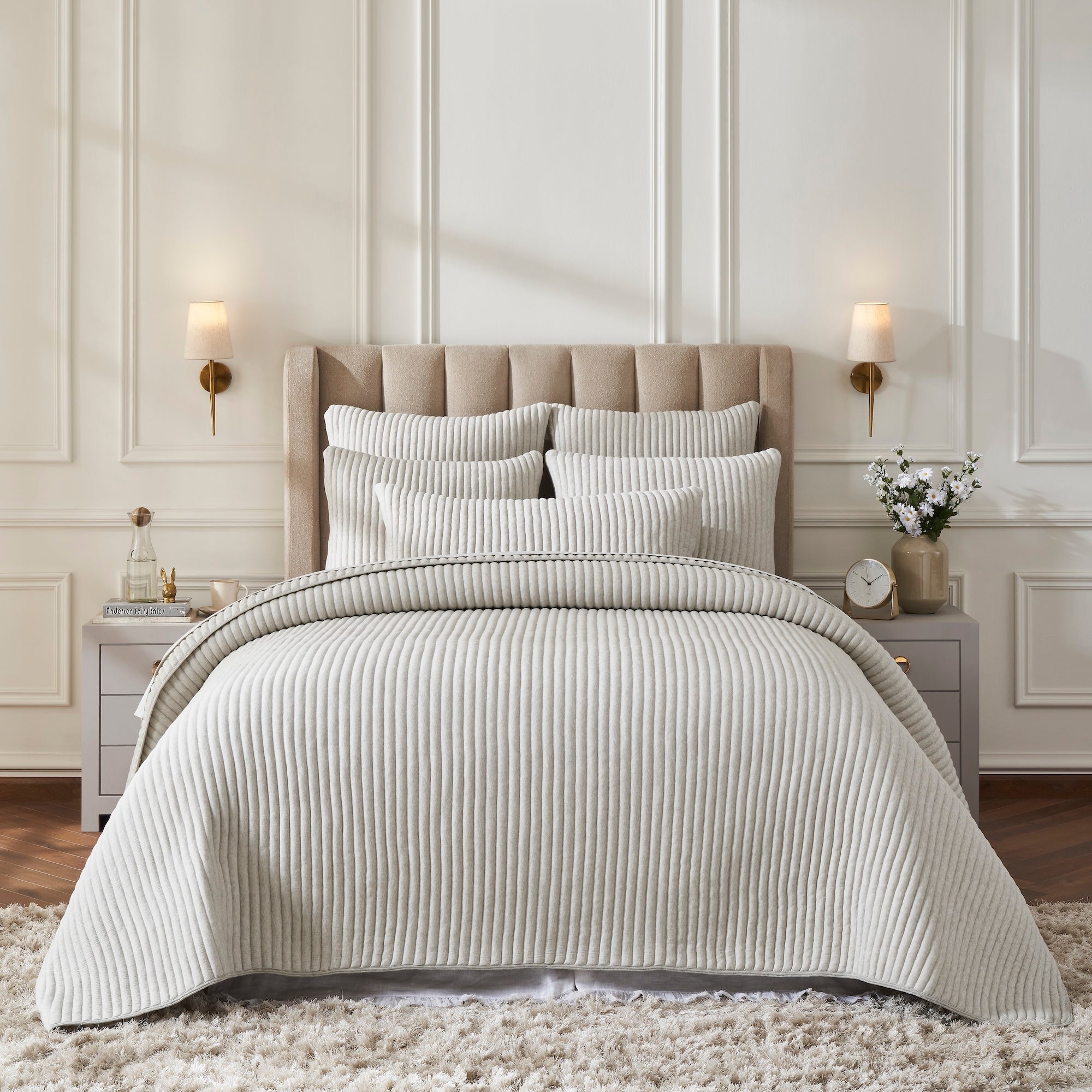 QT-375-11096_1|Stylish light beige ribbed velvet quilt, featuring continuous channel quilting, adding modern elegance to a neutral bedroom.