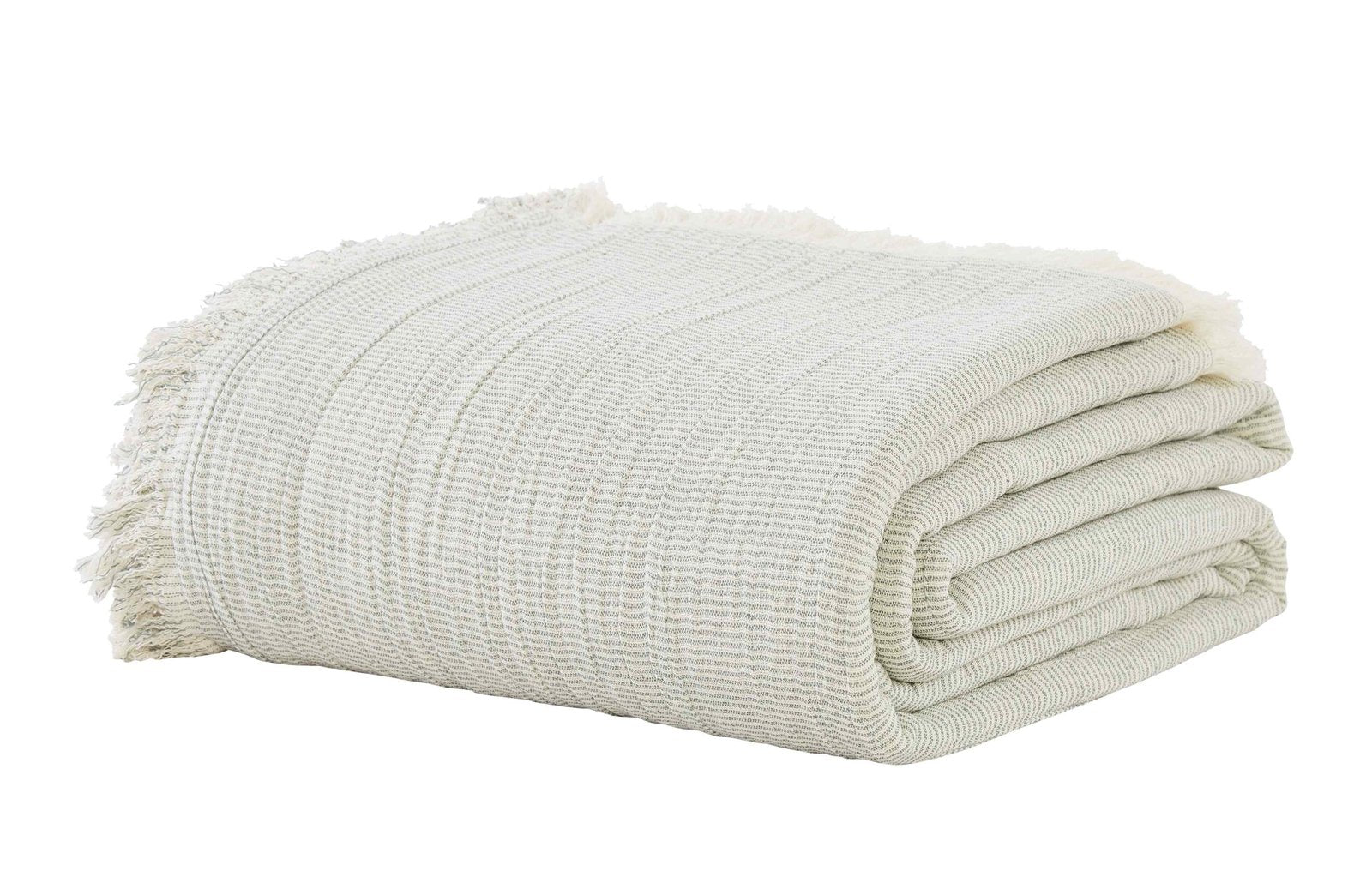 BT-111-11096_2|Folded light green and white striped textured throw blanket with delicate fringe edges. Soft cotton for cozy comfort.