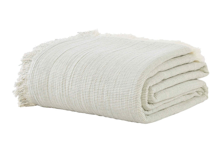 BT-111-11096_2|Folded light green and white striped textured throw blanket with delicate fringe edges. Soft cotton for cozy comfort.