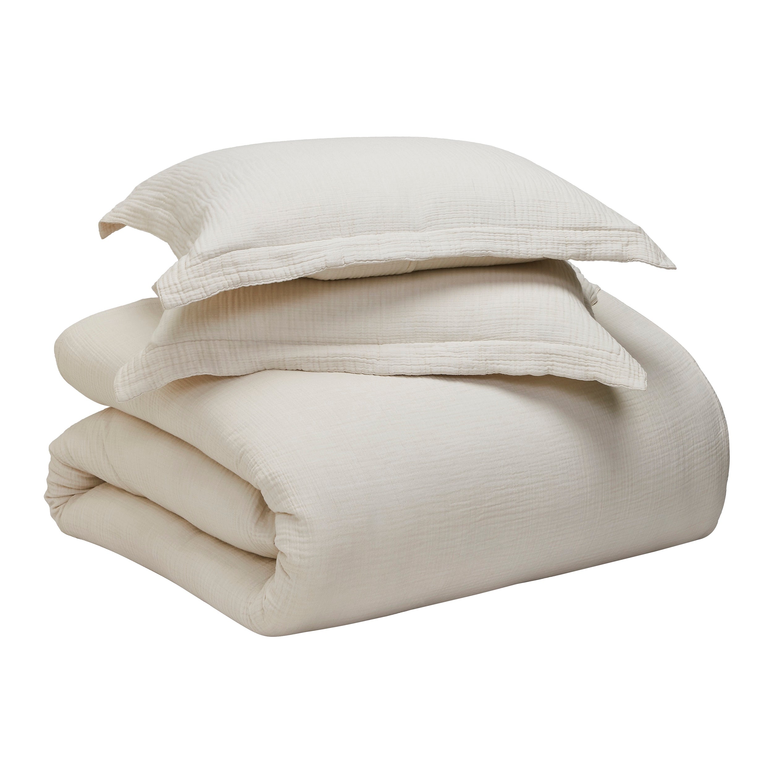 DT-049-10692_9|Stacked light cream textured organic cotton gauze duvet cover and two matching pillow shams, ready for a cozy bed.