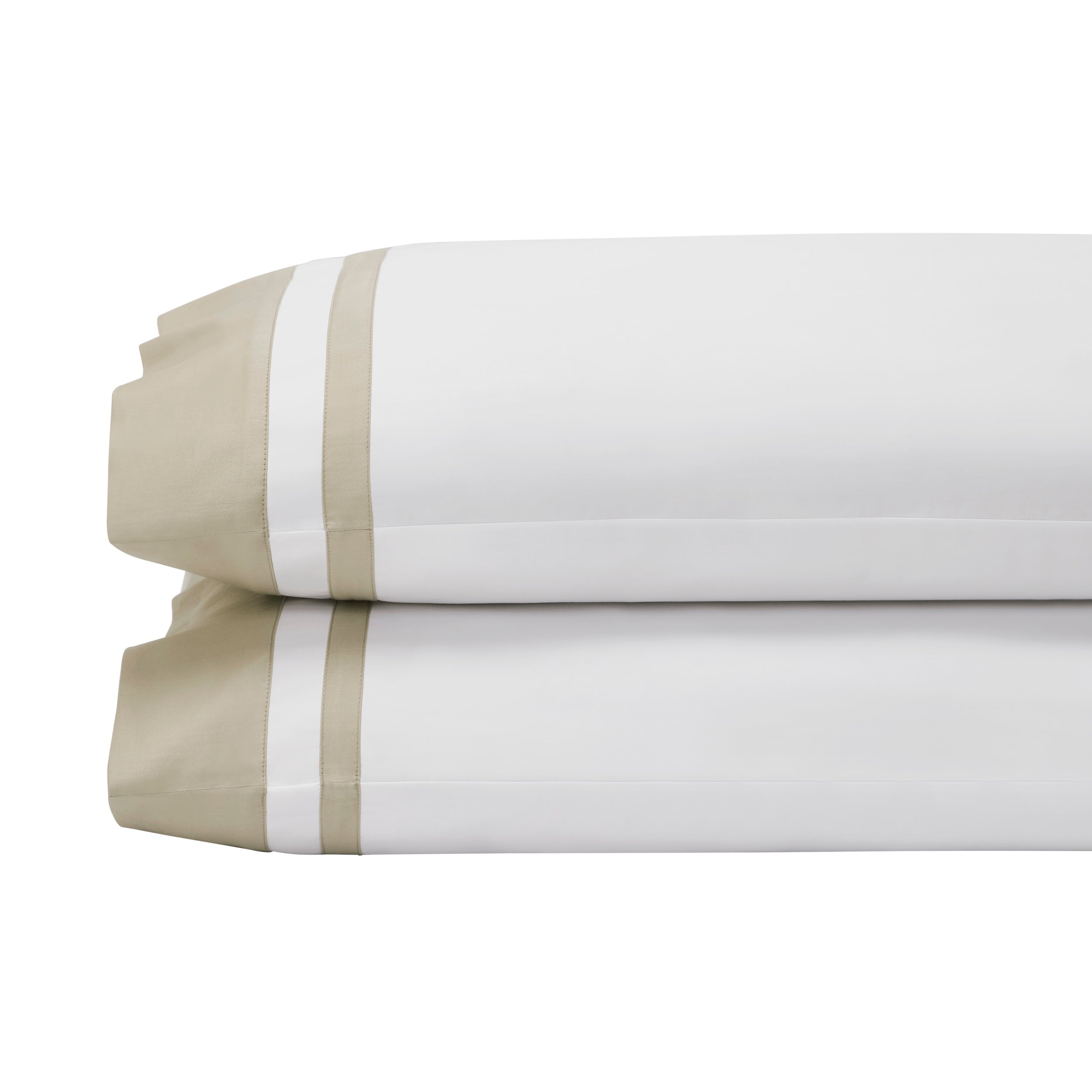ASP-543-2032_1|Stacked pair of standard 100% cotton sateen pillowcases in white with a wide beige border and two white stripes.