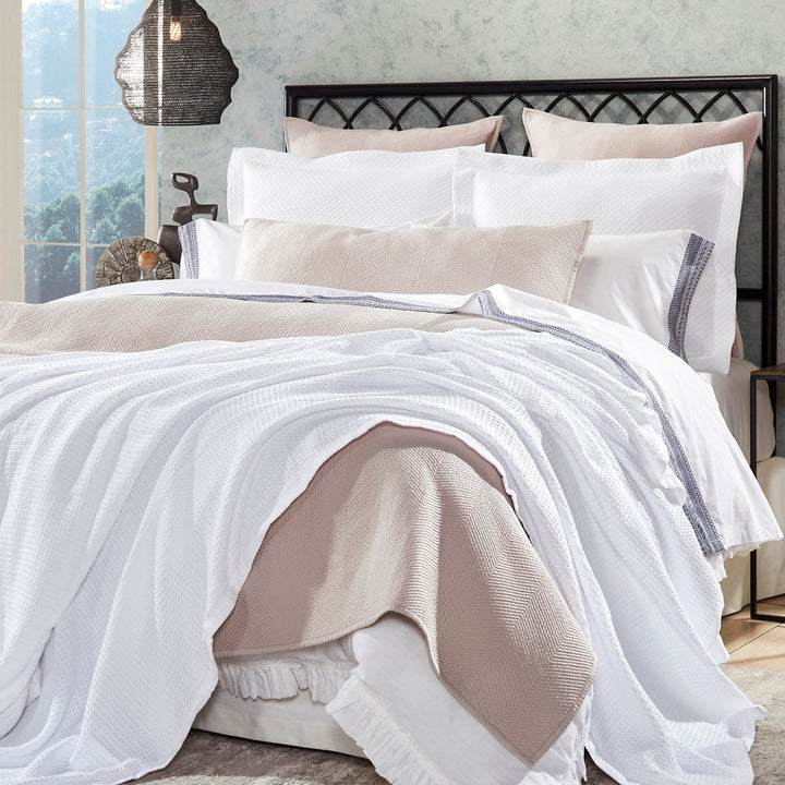 BL-855-X_1|Crisp white waffle weave blanket elegantly draped over a bed, adding clean texture and inviting comfort to modern bedroom decor.