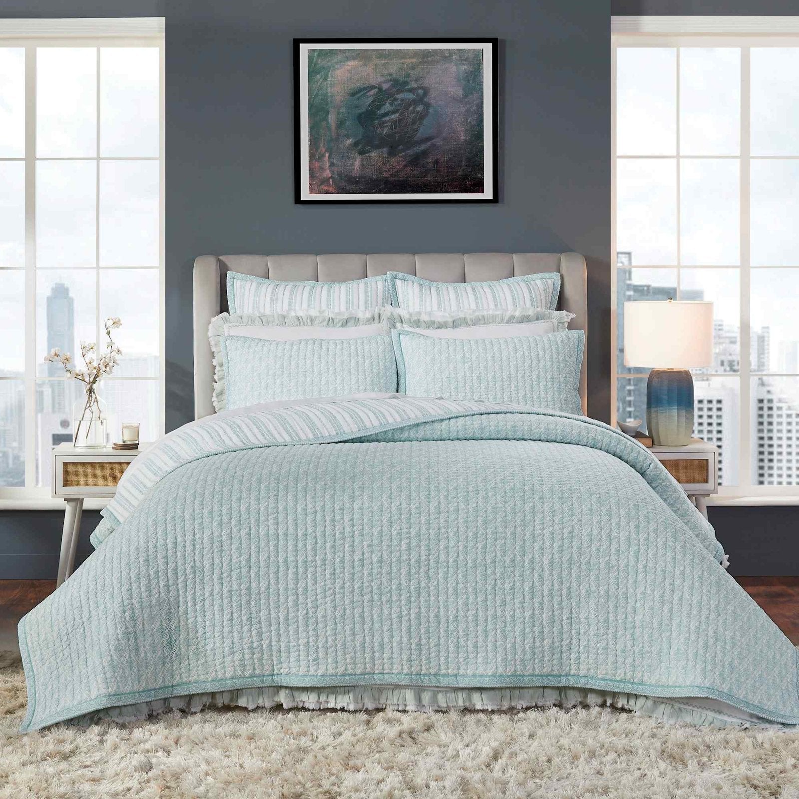 QT-347-11096_1|Serene light blue quilted bedding set, subtle square pattern, creates a calming, modern bedroom sanctuary.
