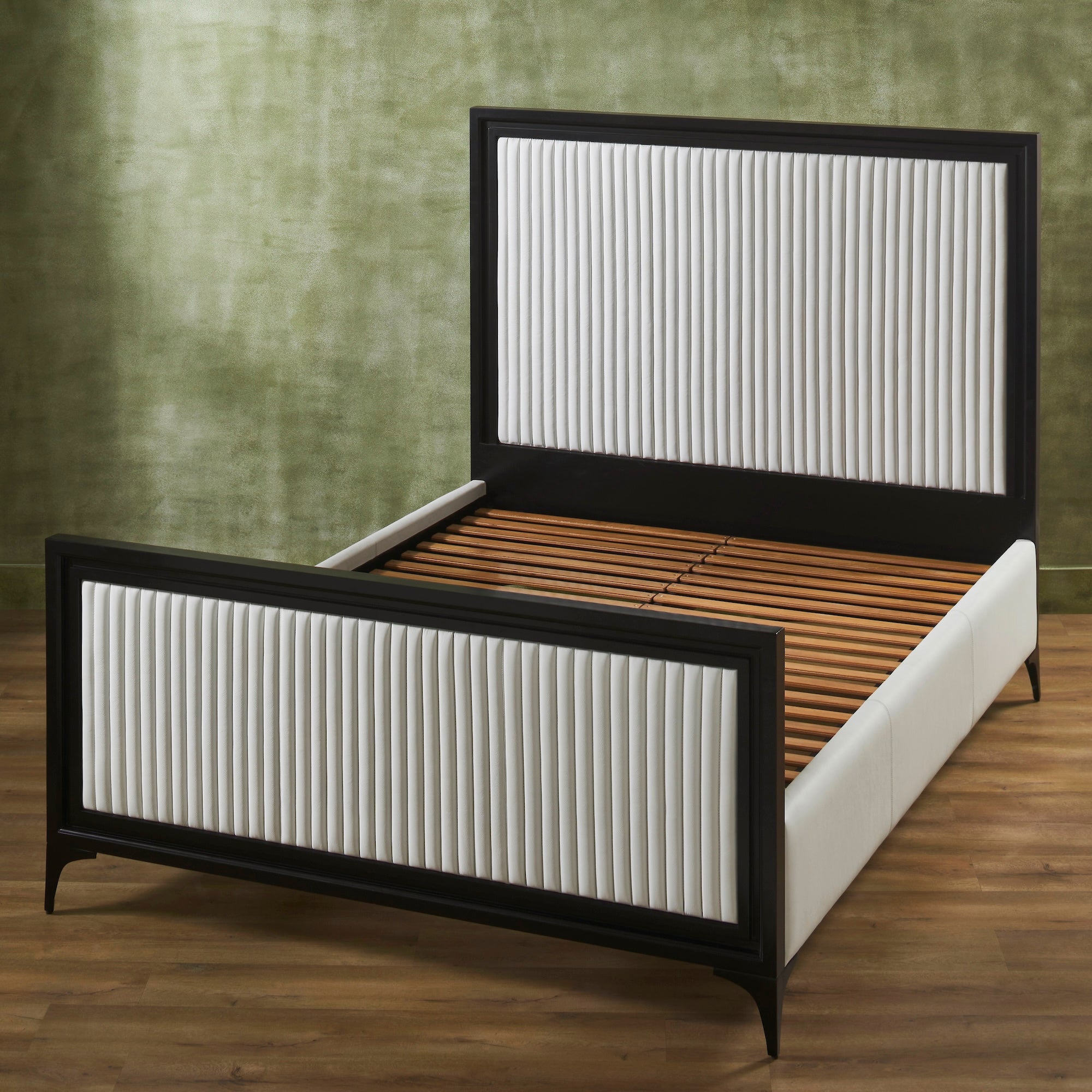 FN-5209-6080_4|Stunning white leather bed with black frame and vertical channel headboard and footboard, showcasing sturdy wooden slat support.