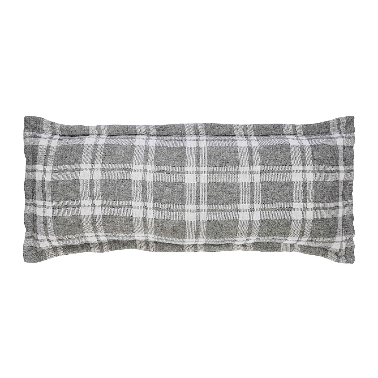 TP-116-X_1|Rustic grey and white plaid bolster pillow, ideal for adding a cozy, farmhouse-inspired touch to a bed or couch.