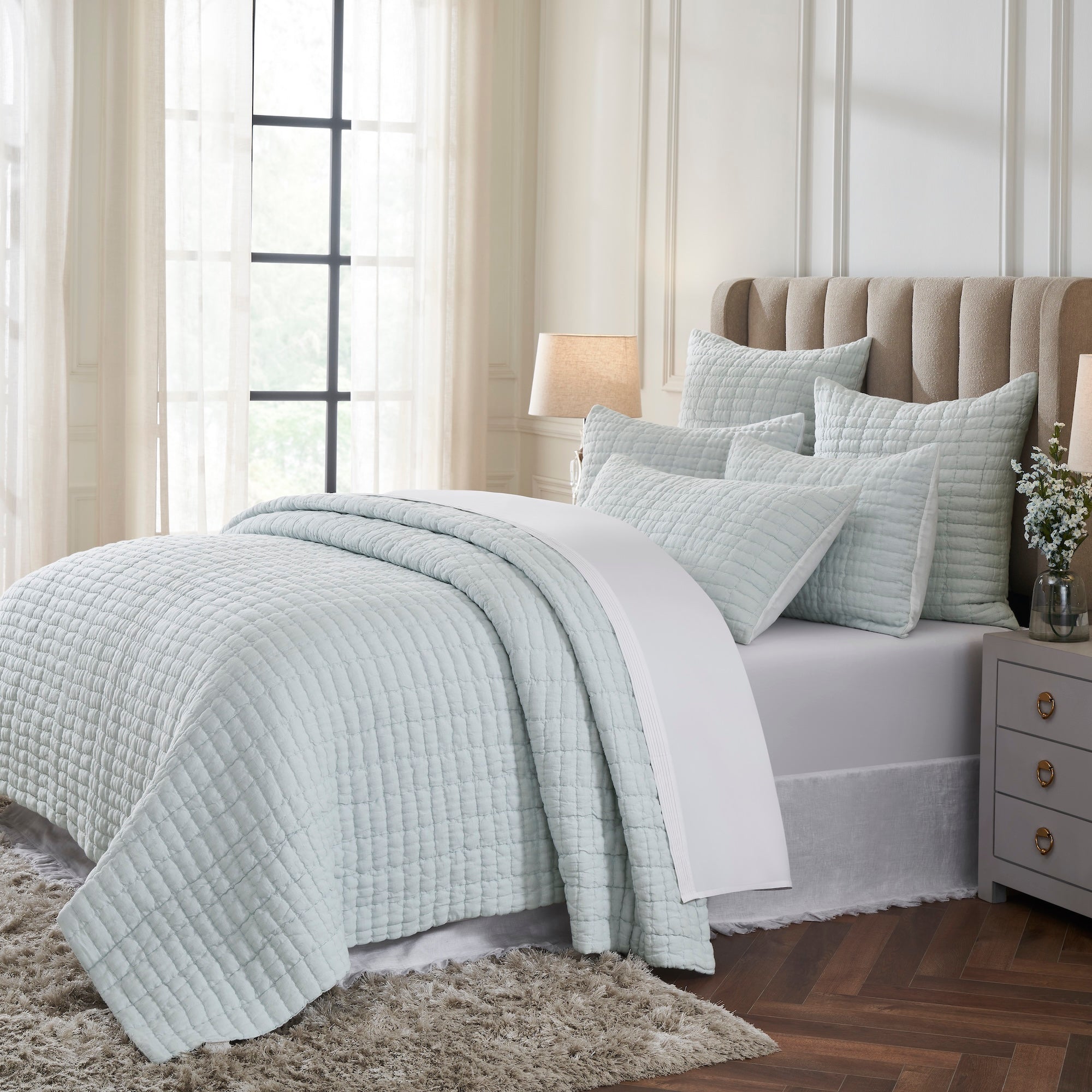 QT-373-9496_2|Soft light blue quilted bedding, featuring a cozy textured grid pattern, perfect for adding serene comfort to any bedroom decor.