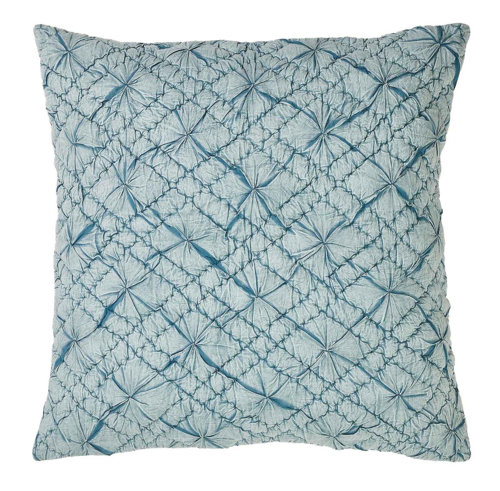 ES-365-2626_1|Decorative teal blue square pillow with a distinctive ruched diamond pattern, perfect for adding rich texture and color to decor.