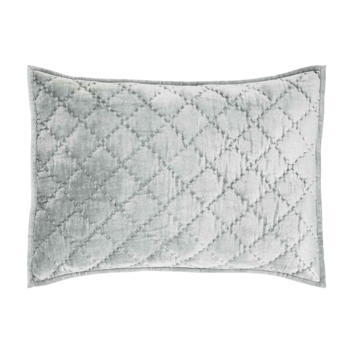 SS-356-2026_1|Soft teal velvet quilted bed sham, luxurious feel with elegant diamond pattern. Adds sophistication and comfort to bedroom.