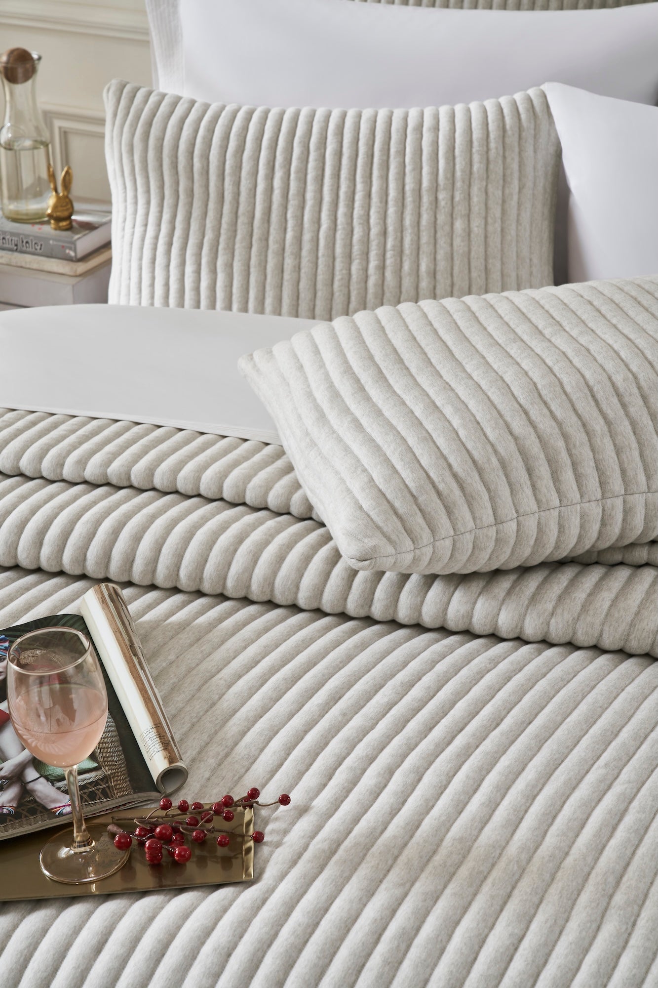 QT-375-11096_4|Close-up of cozy light grey ribbed quilt and textured pillow, highlighting soft bedding details for a comfortable bedroom.