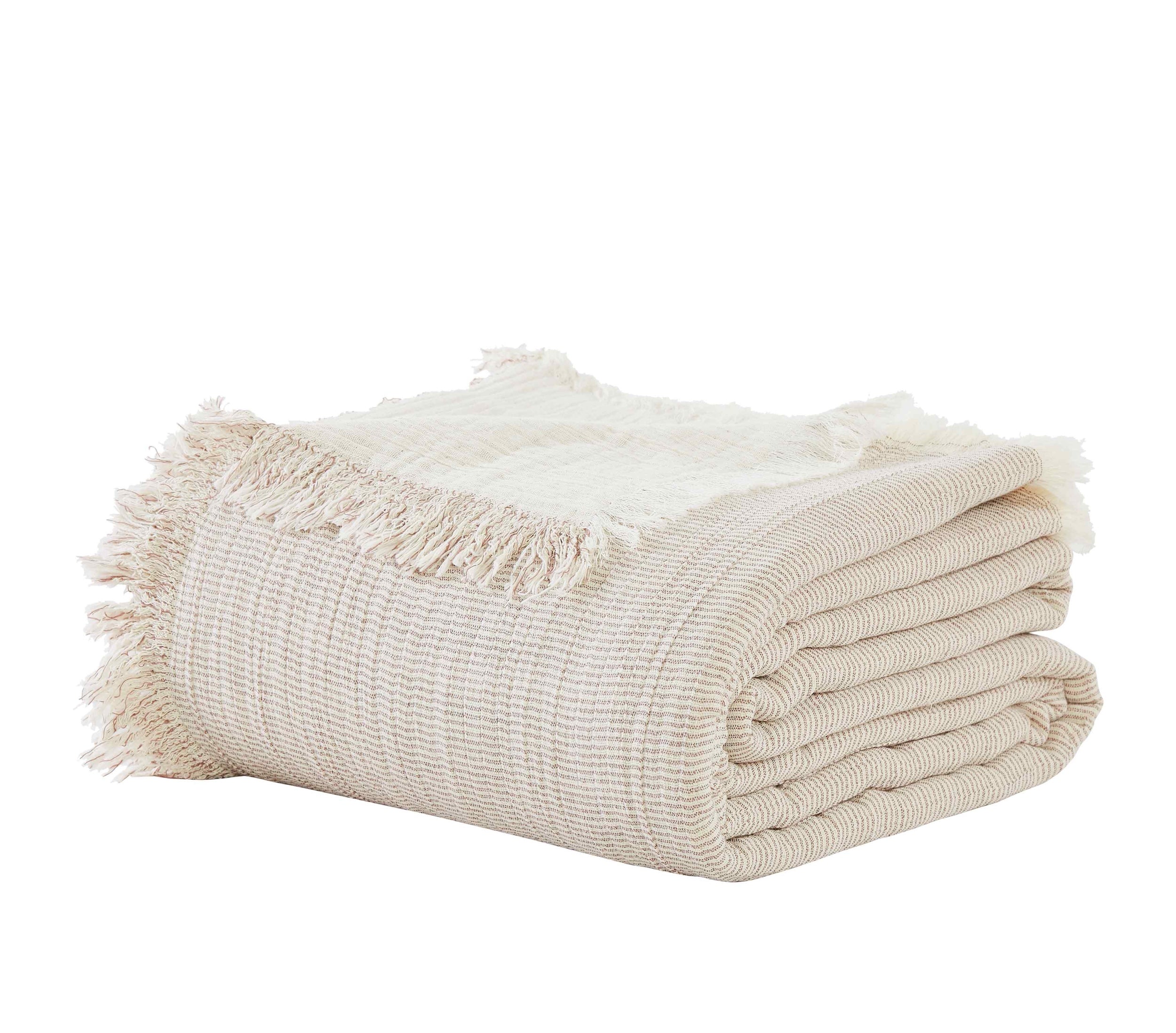 BT-112-9496_4|Folded light beige striped throw blanket with decorative fringed edges, soft cotton texture, ideal for cozy home decor.