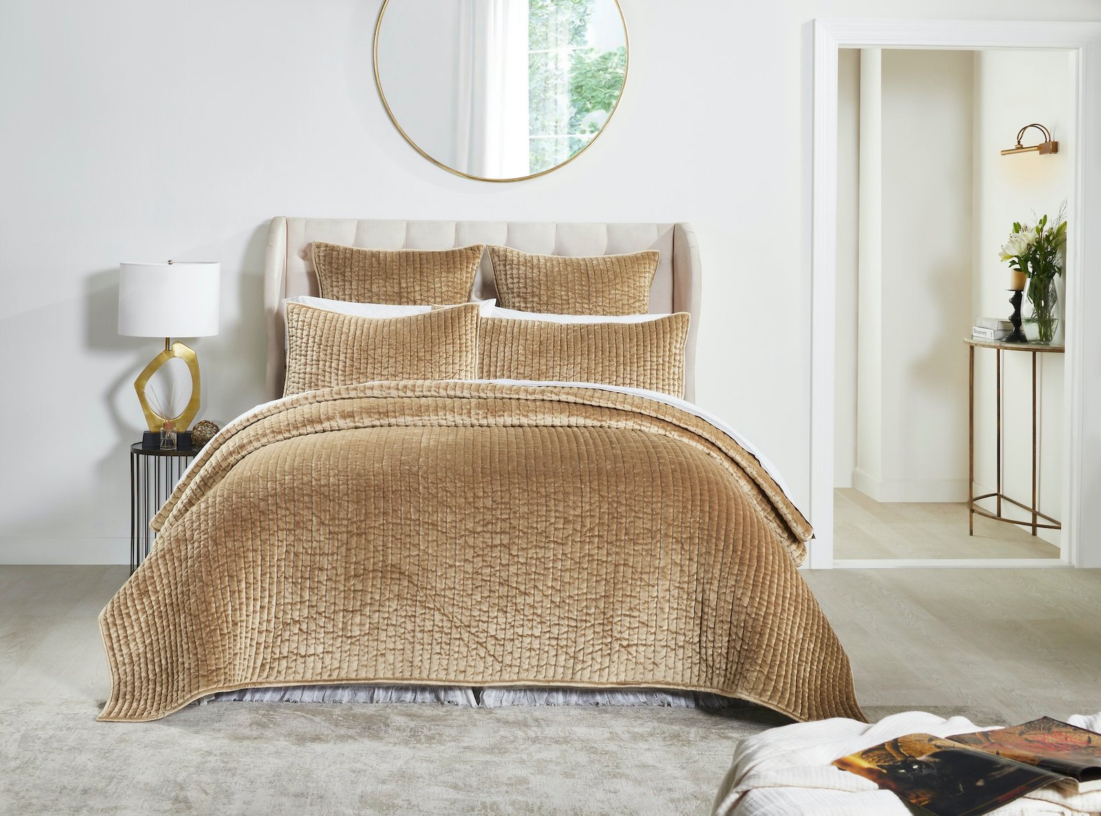 QT-362-11096_2|Luxurious golden-brown velvet channel-quilted bed quilt elegantly drapes over a bed, enhancing a opulent bedroom.