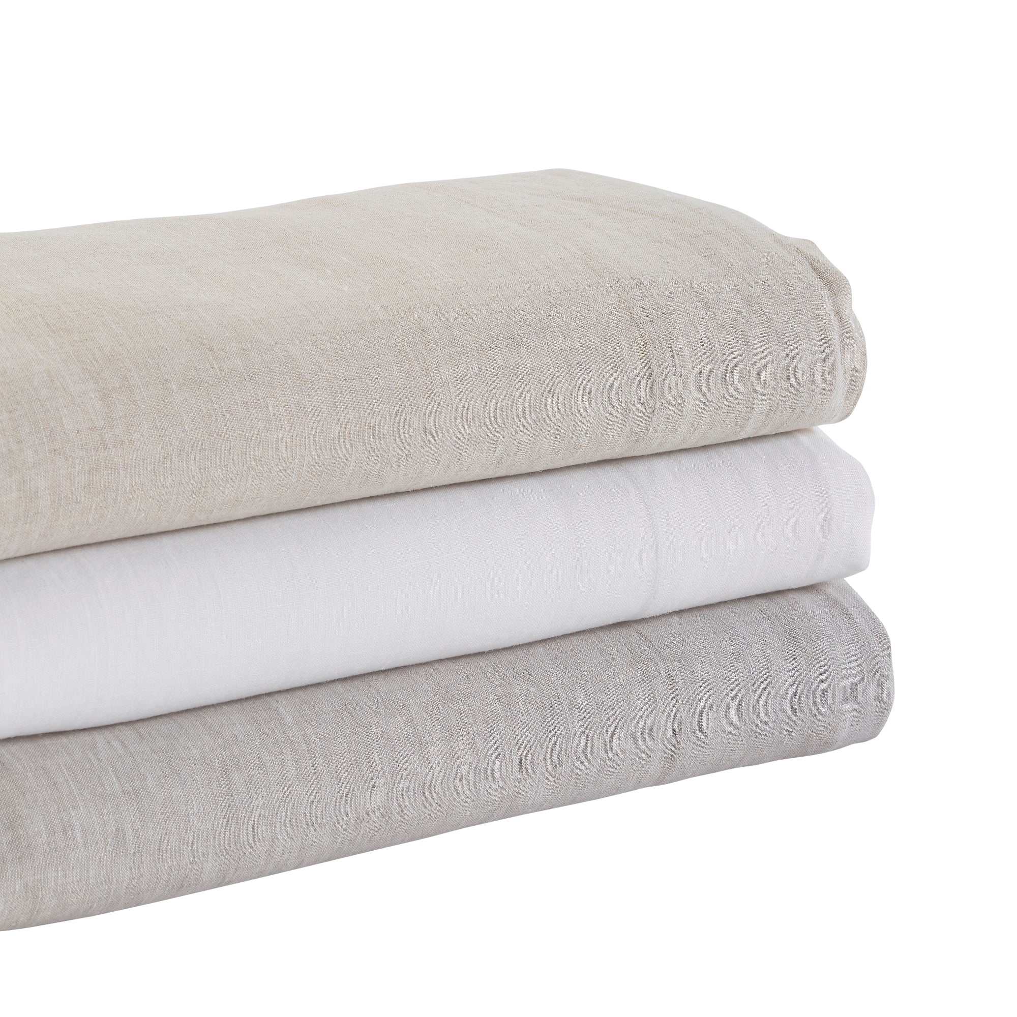 QSS-514-6080_6|Stack of folded 100% linen sheets in natural, white, and light grey hues, emphasizing premium quality and comfort.