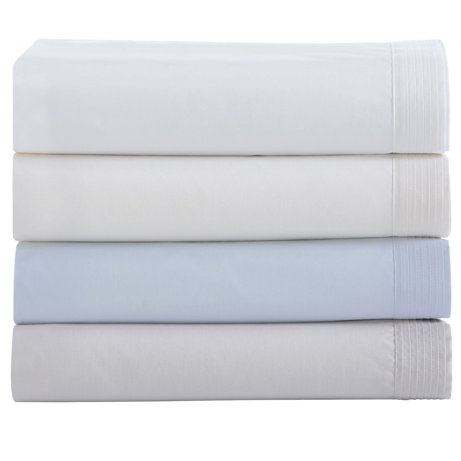 CSS-521-7284_6|Stack of four soft 100% cotton sheet sets in serene pastel hues, each embellished with delicate pintuck pleats.