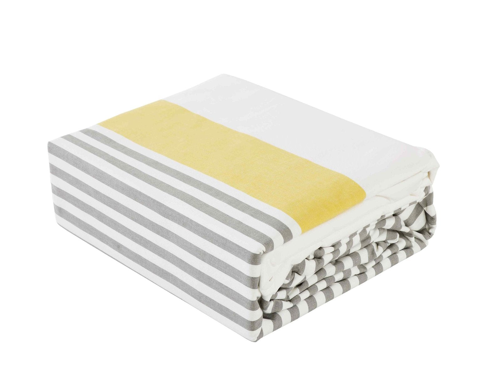 DT-001A-10692_4|Neatly folded gray and white striped duvet cover with a striking yellow stripe, enhancing contemporary bedroom decor.
