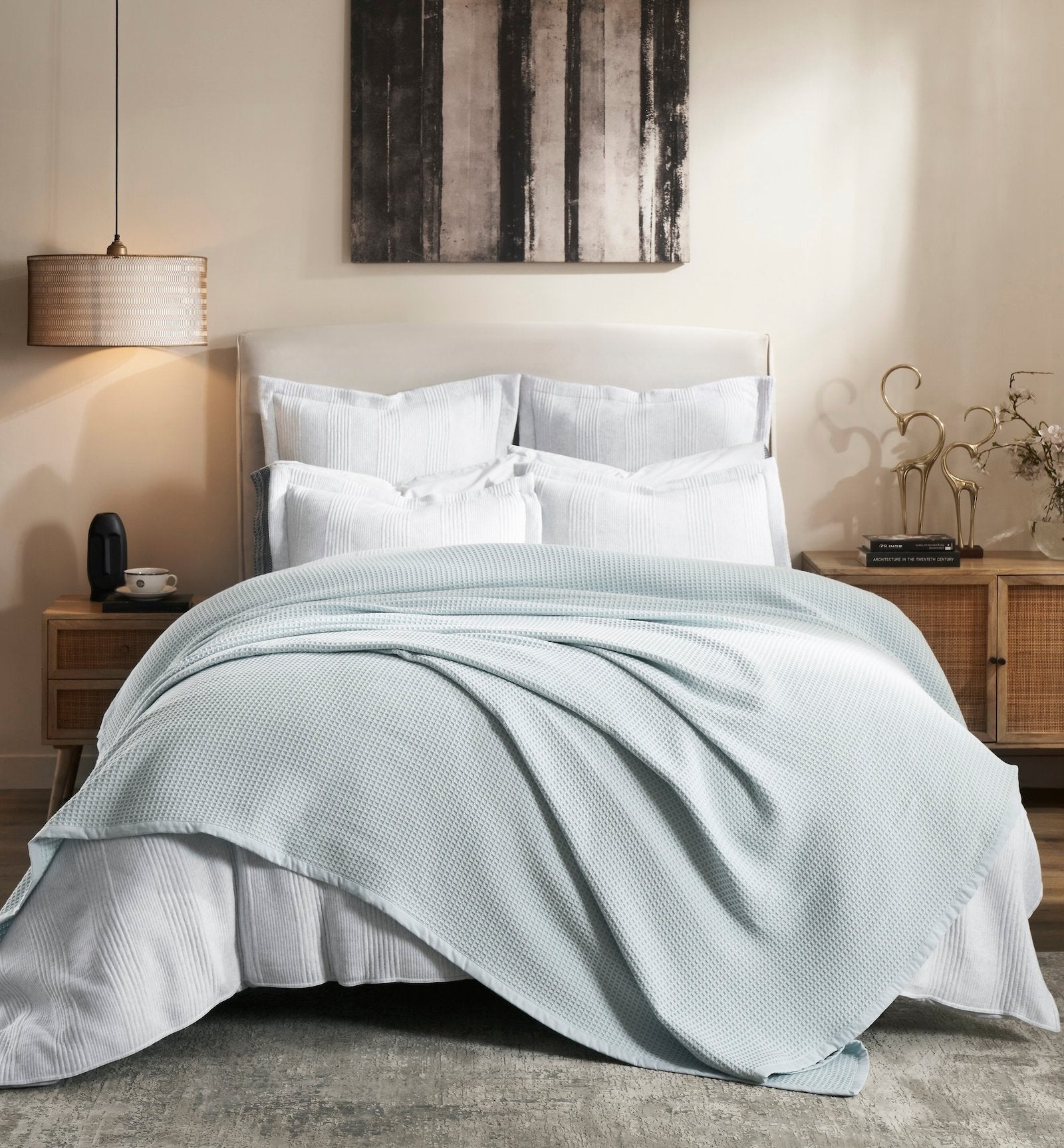 BL-857-9496_1|Light blue waffle knit blanket draped over a bed, a stylish and cozy bed throw for modern bedrooms. (113)