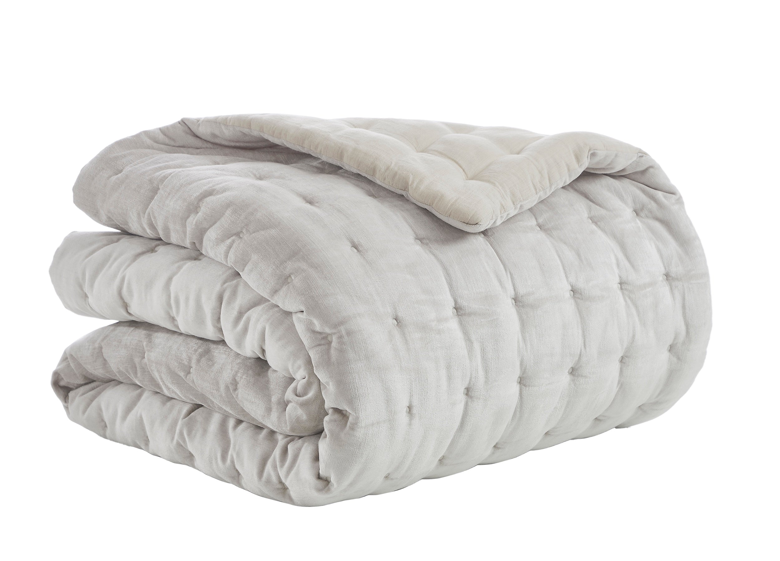 QT-306-11096_4|Reversible light grey and beige tufted quilt, folded, showcasing square quilting. Versatile, cozy bedding for a comfortable bedroom.
