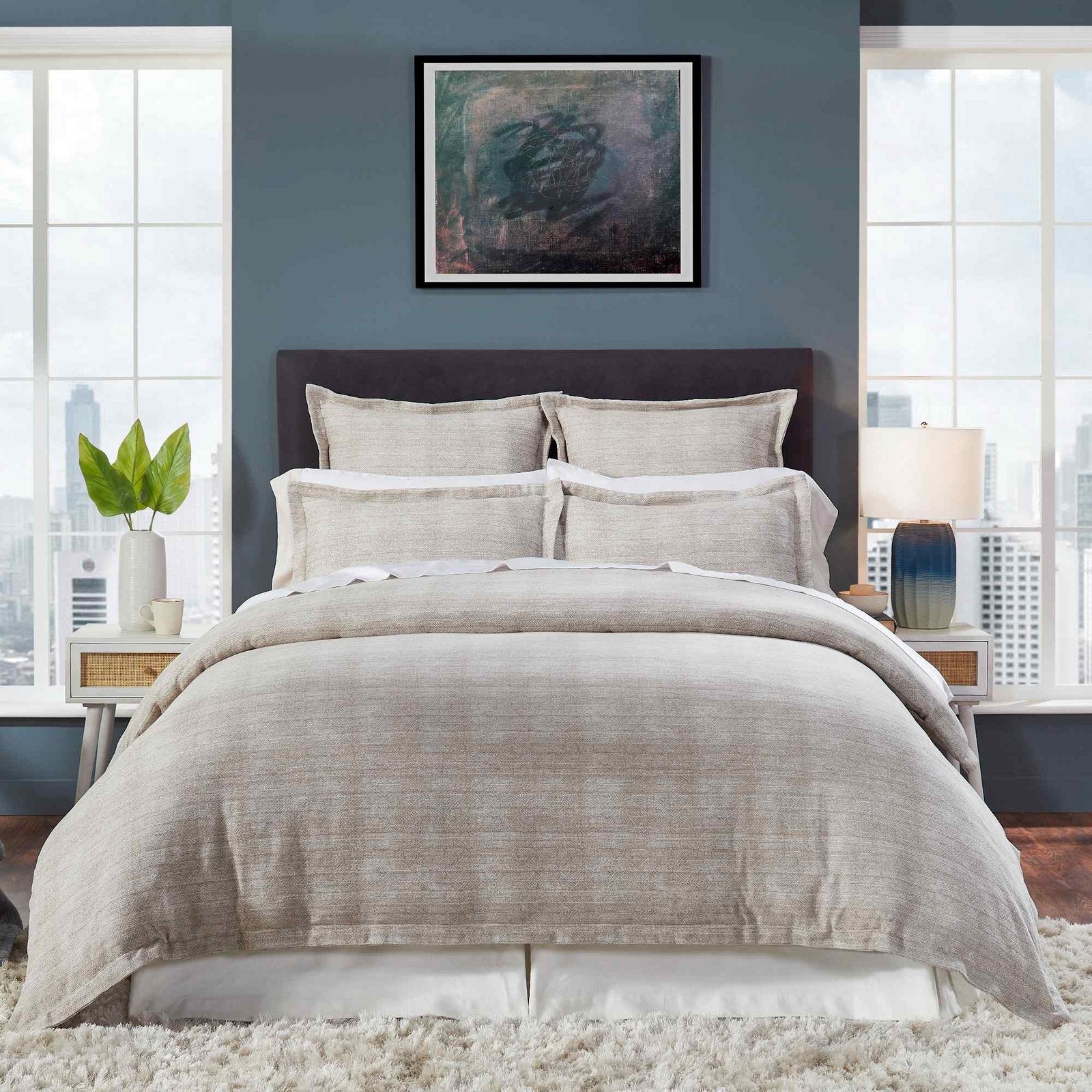 DT-032-X_1|Stylish beige textured duvet cover set with piped edge pillows, creating a cozy and inviting modern bedroom ambiance.