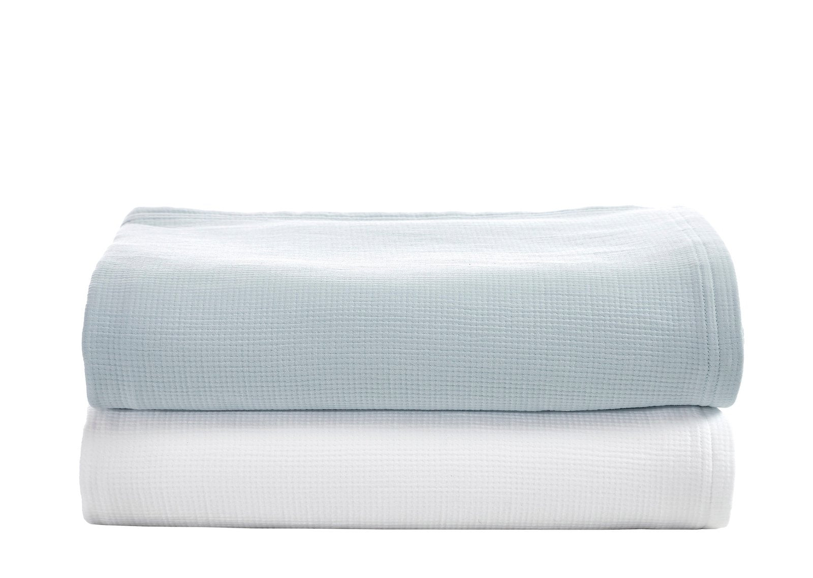 BL-859-11096_4|Stacked waffle weave blankets: serene light blue and crisp white. Soft, breathable, perfect for year-round comfort.