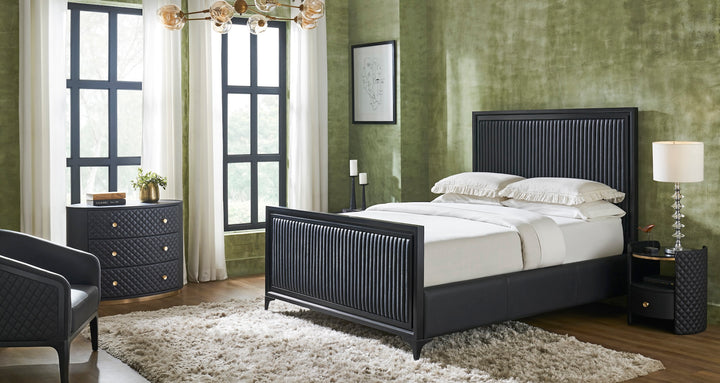 FN-5210-6080_2|Black channel tufted leather bed with black wooden frame in a luxurious bedroom, premium modern furniture design.