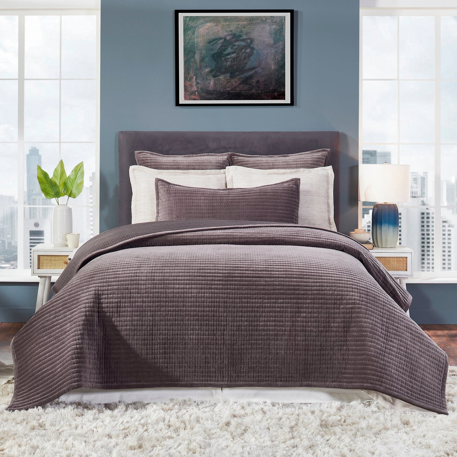 CL-186-9496_1|Plum quilted coverlet on a modern bed, enhancing bedroom decor with soft texture, comfort, and sophisticated elegance.