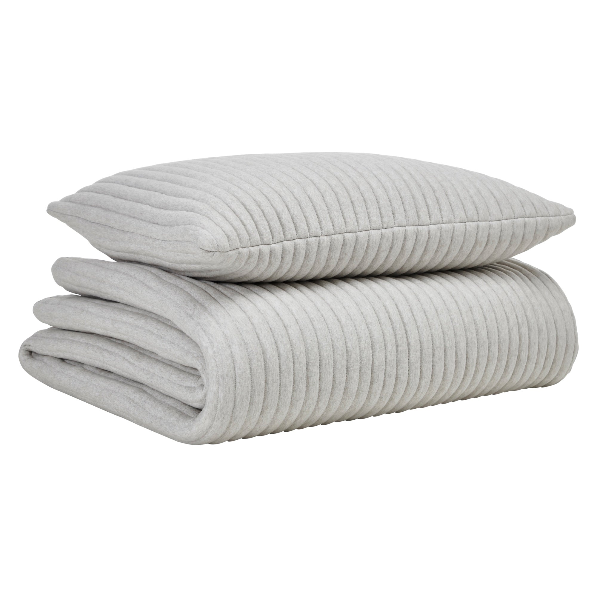 QT-375-11096_5|Folded light grey ribbed quilt with a matching textured pillow, showcasing soft, comfortable bedding. Ideal for any bed.
