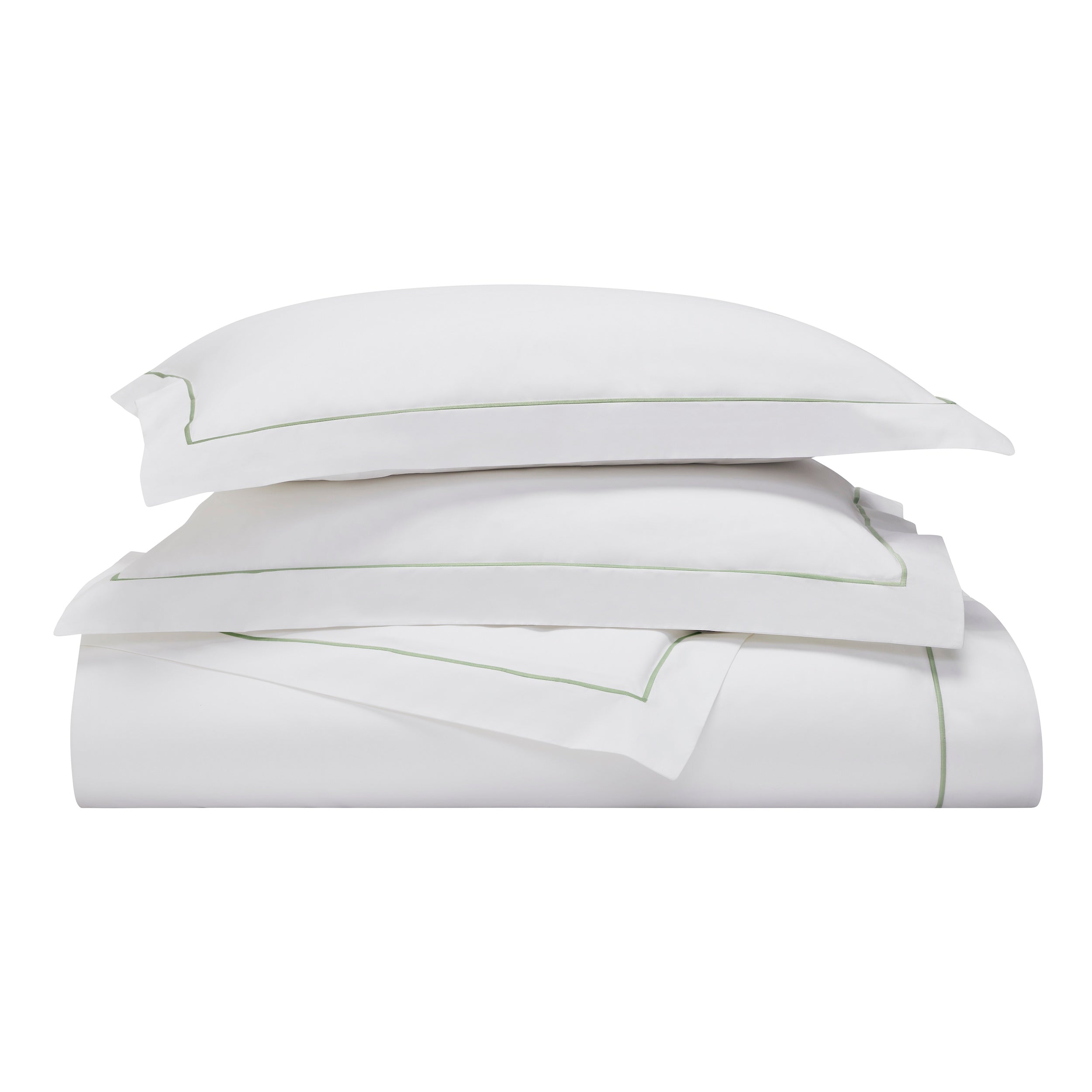 SS-057-2026_3|Stacked pristine white duvet cover and two matching pillow shams featuring light green borders, for a tranquil bedroom.