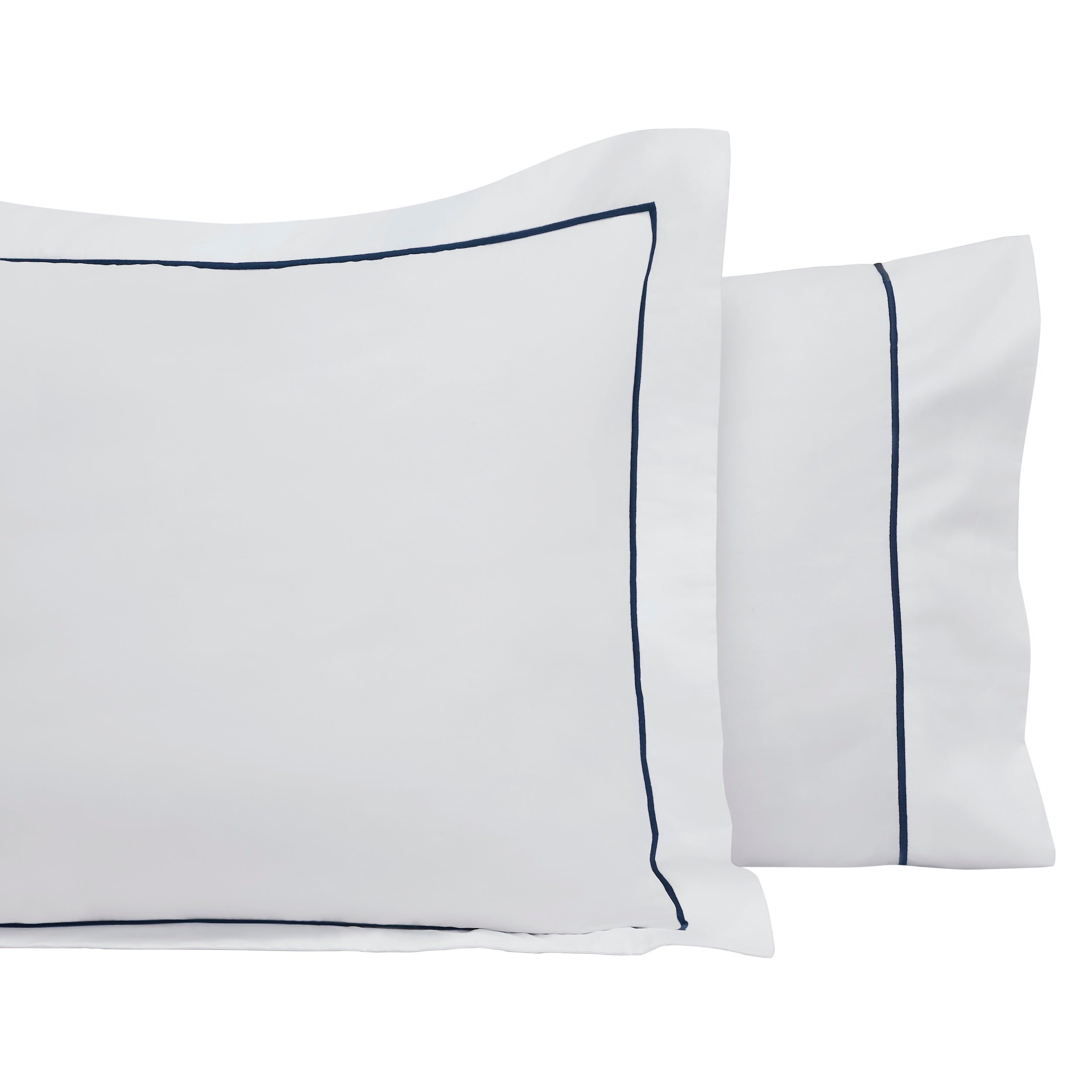 ASP-549-2032_3|Tailored white 100% cotton pillowcases with crisp navy blue border piping. Luxurious, breathable, and modern bedding design.