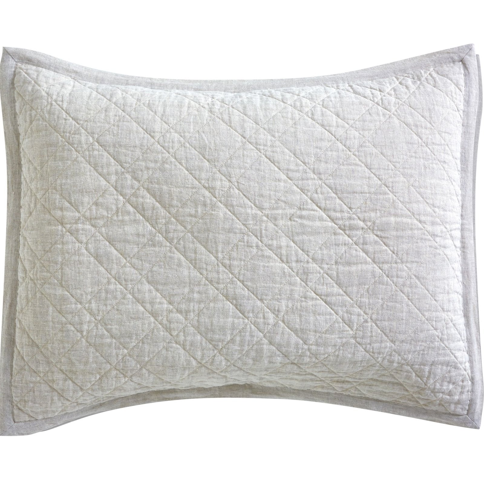 KS-254-2036_1|White linen-look coverlet pillow sham, diamond quilted with a chic grey border, offering sophisticated comfort for your bed.
