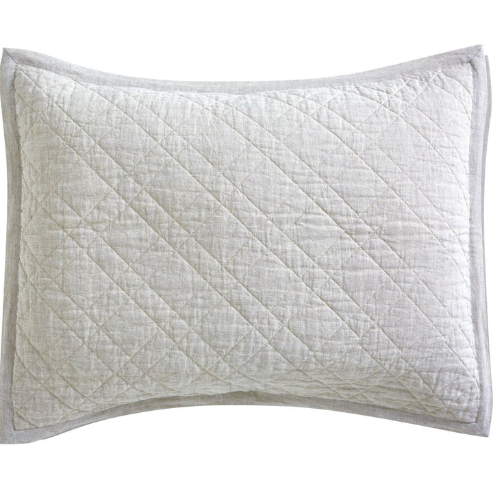 KS-254-2036_1|White linen-look coverlet pillow sham, diamond quilted with a chic grey border, offering sophisticated comfort for your bed.