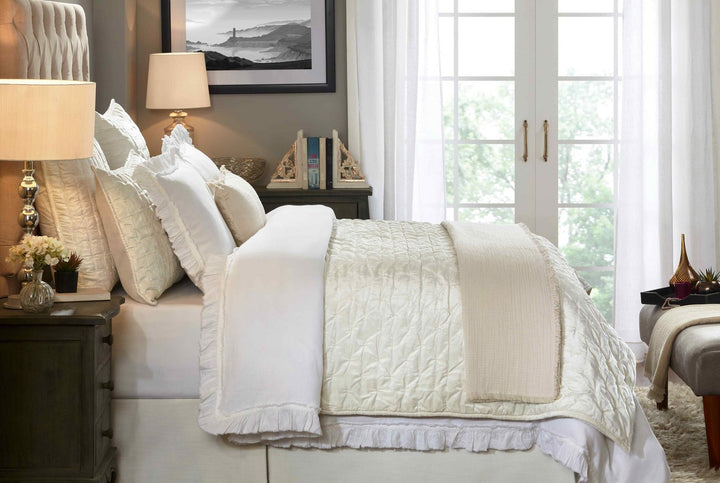 DT-017-X_2|Bright white ruffled duvet cover set on a queen bed, paired with a quilted coverlet and a neutral throw blanket.