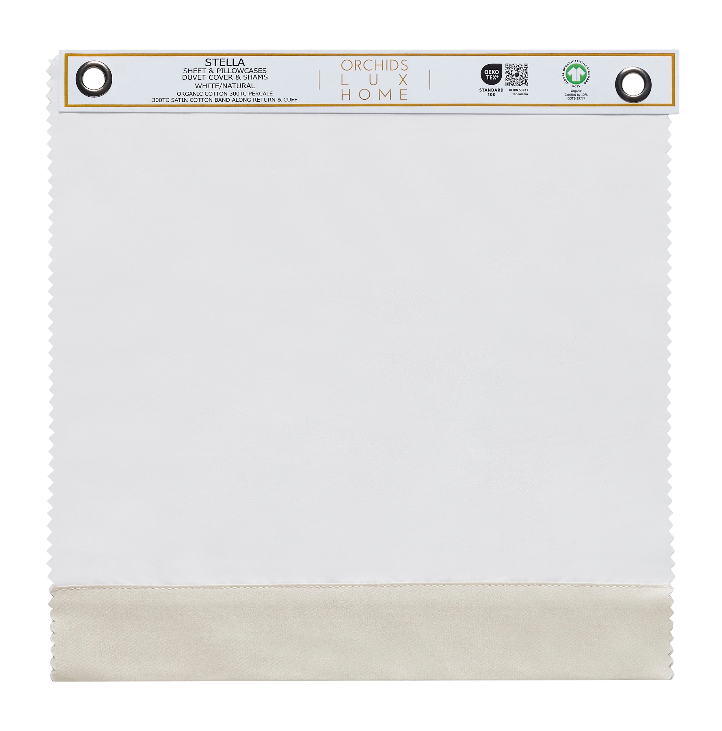 SWT-540-1010_1|Organic cotton percale Stella sheet swatch, 300TC, white/natural, with satin cotton band, GOTS certified premium bedding.