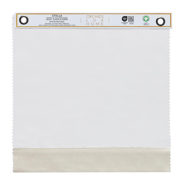 SWT-540-1010_1|Organic cotton percale Stella sheet swatch, 300TC, white/natural, with satin cotton band, GOTS certified premium bedding.