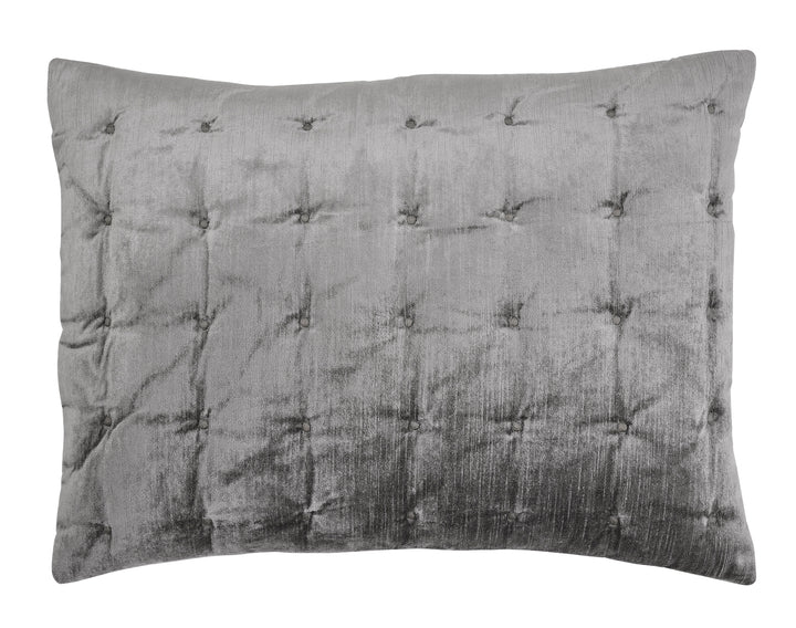 SS-307-2026-LOT1_1|Elegant silver grey velvet quilted pillow, featuring a button-tufted design. Luxurious and soft decorative accent.