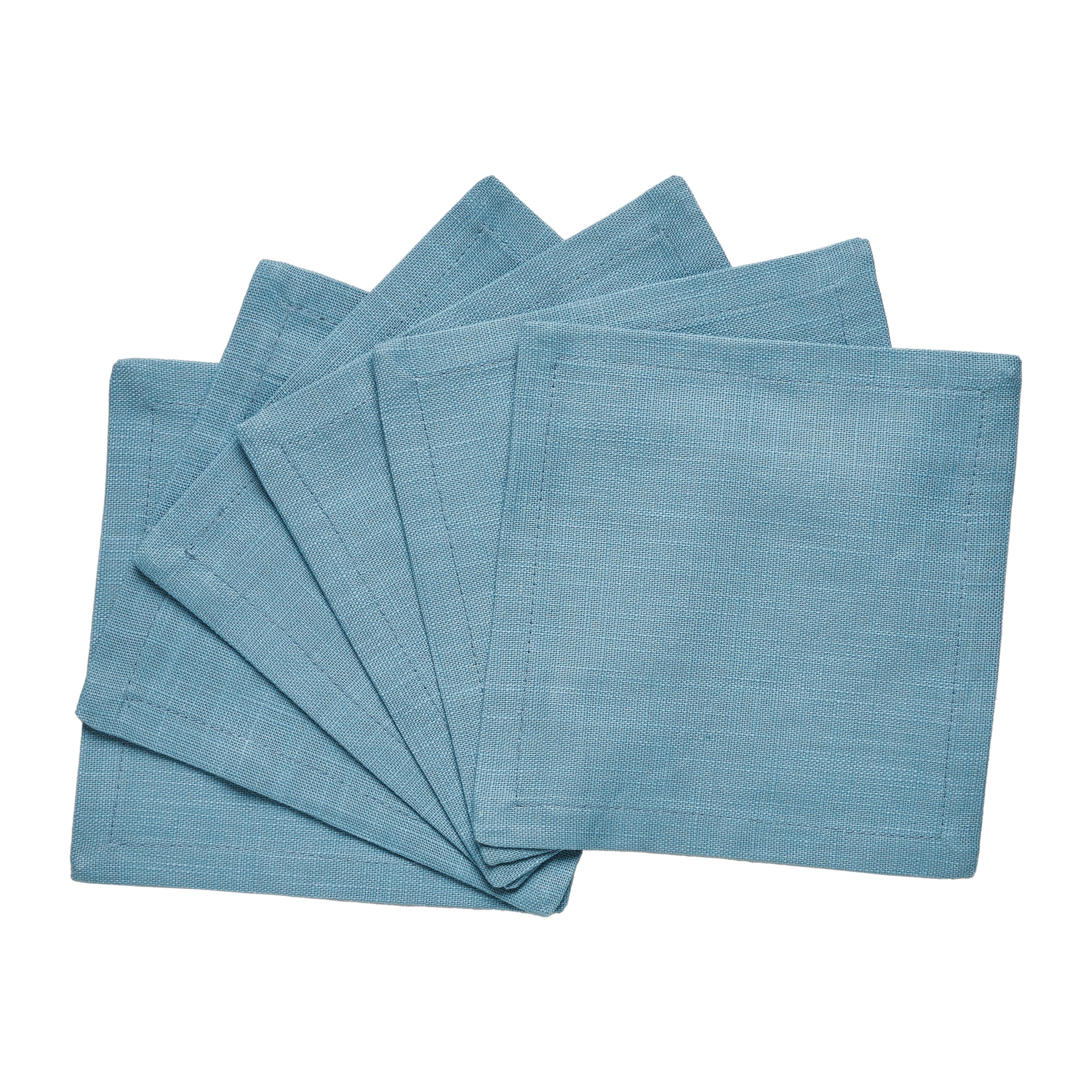 CNP-4902-66_2|Fanned set of durable turquoise blue linen napkins against a clean white background, showcasing their crisp texture.