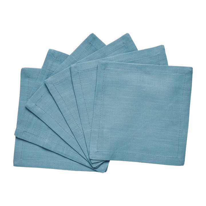 CNP-4902-66_2|Fanned set of durable turquoise blue linen napkins against a clean white background, showcasing their crisp texture.
