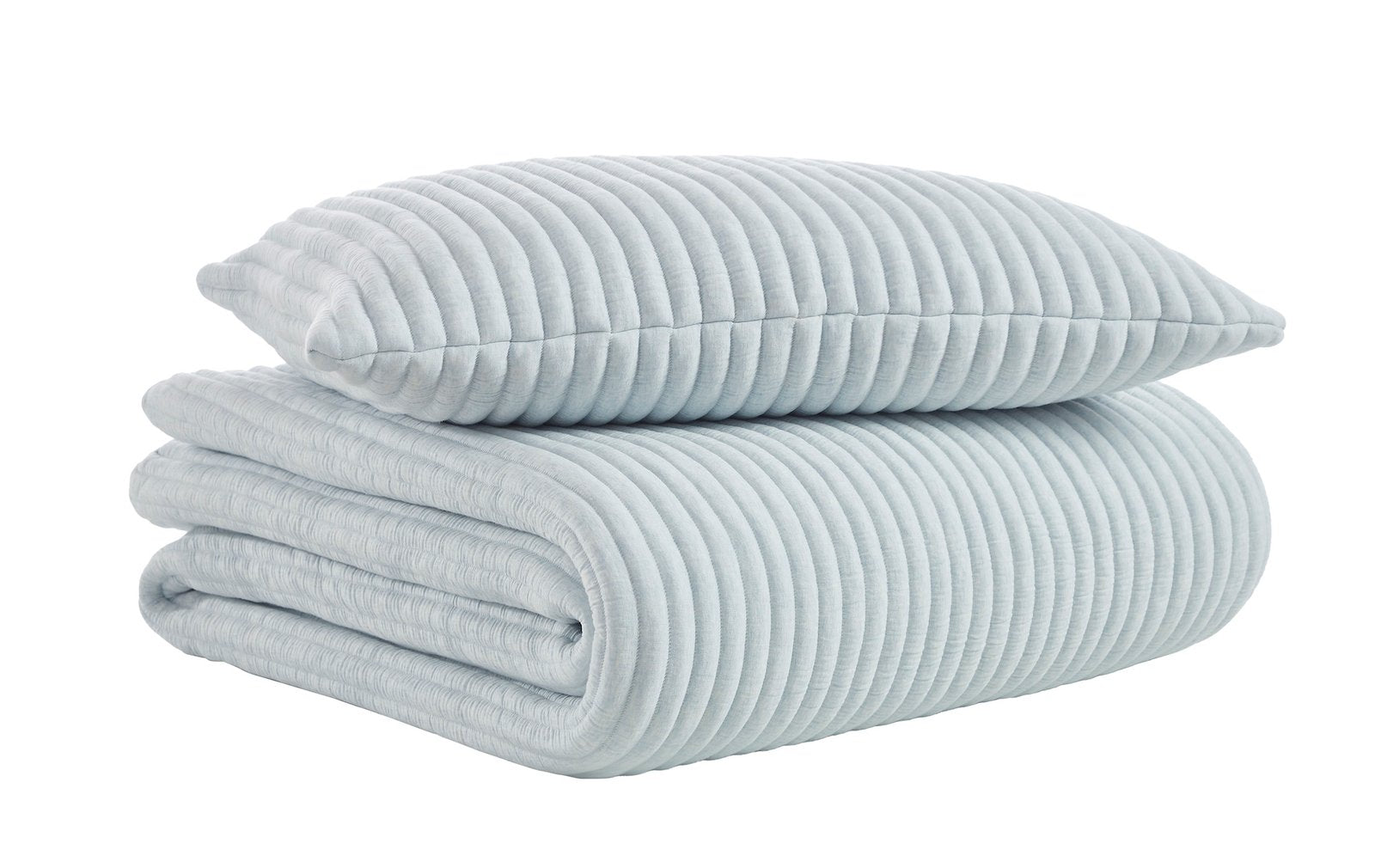 QT-369-9496_6|Folded light blue quilt and matching pillow with ribbed texture. Soft, comfortable bedding set for a modern bedroom.
