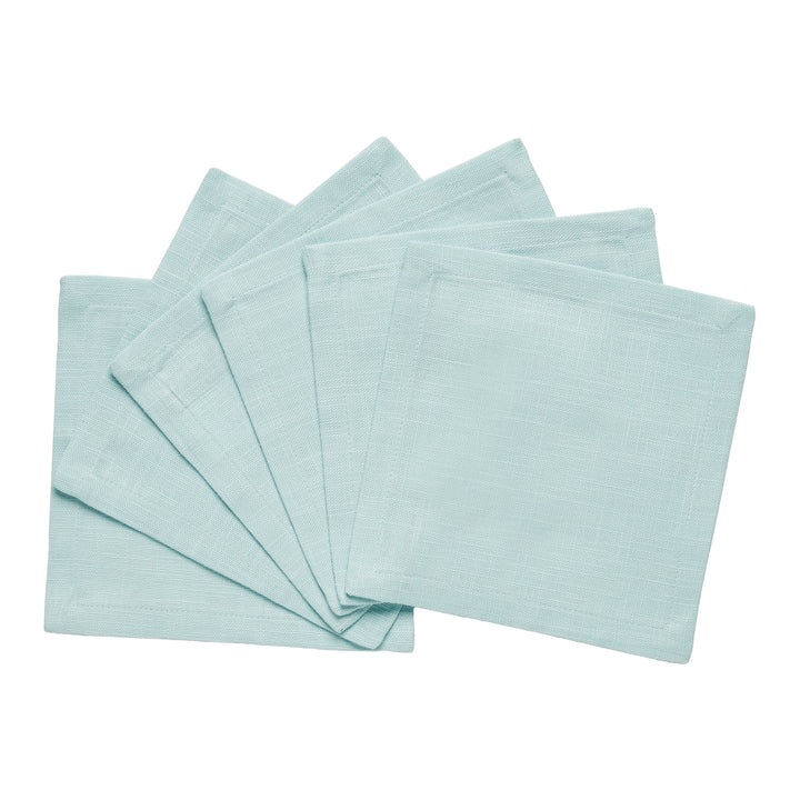 CNP-4903-66_2|Fanned set of versatile light blue linen napkins against a clean white background, highlighting their fine weave.