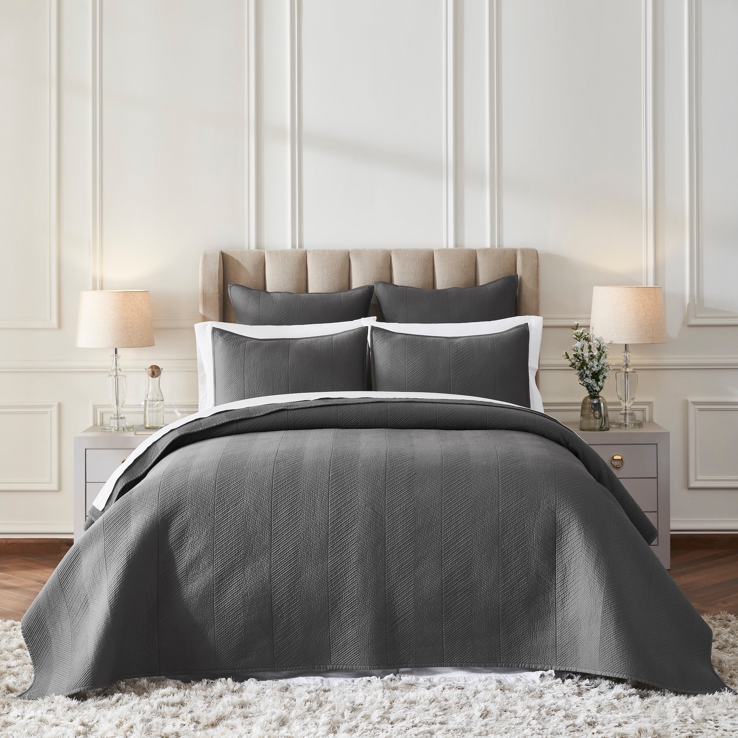 CL-263-9496_1|Dark grey chevron quilted coverlet for a cozy bed. Stylish, soft, and durable bedding for modern bedrooms.