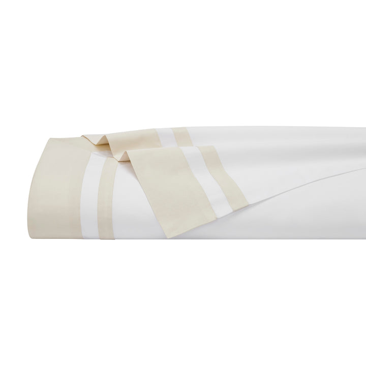 QFL-540-6080_5|Premium 100% white cotton sateen sheet, neatly rolled, featuring an elegant beige double stripe border for luxury.