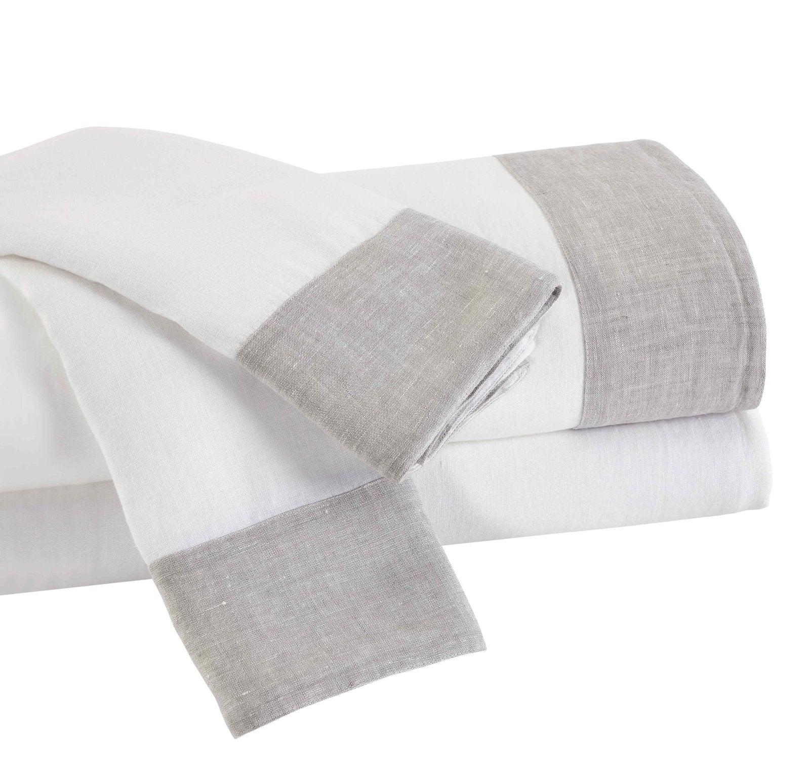 KSS-518-7880_3|Folded elegant white 100% linen sheets with stylish natural borders. Soft, breathable, luxurious bed linen product.