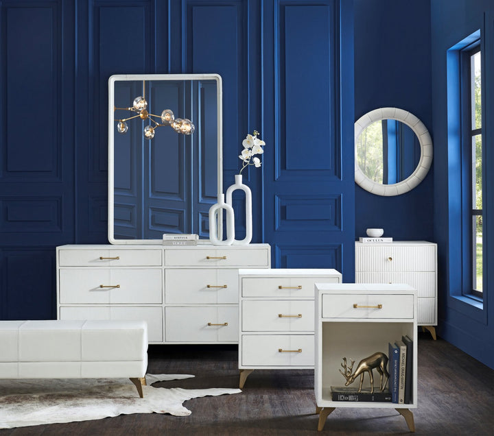 FN-5200-X-1_2|Modern white dressers and nightstands featuring chic gold handles and sleek design, enhancing bedroom storage.