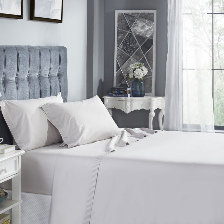 KSS-523-7880_1|Soft grey 100% cotton sheet set with subtle pleated hem, creating a clean and inviting modern bed.