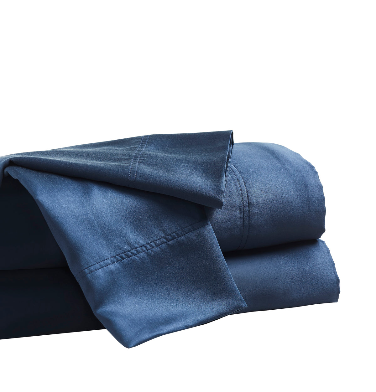 CSS-511-7284_4|Dark blue 100% Lyocell flat and fitted sheets, folded, with a smooth sateen weave texture and visible hemstitching.
