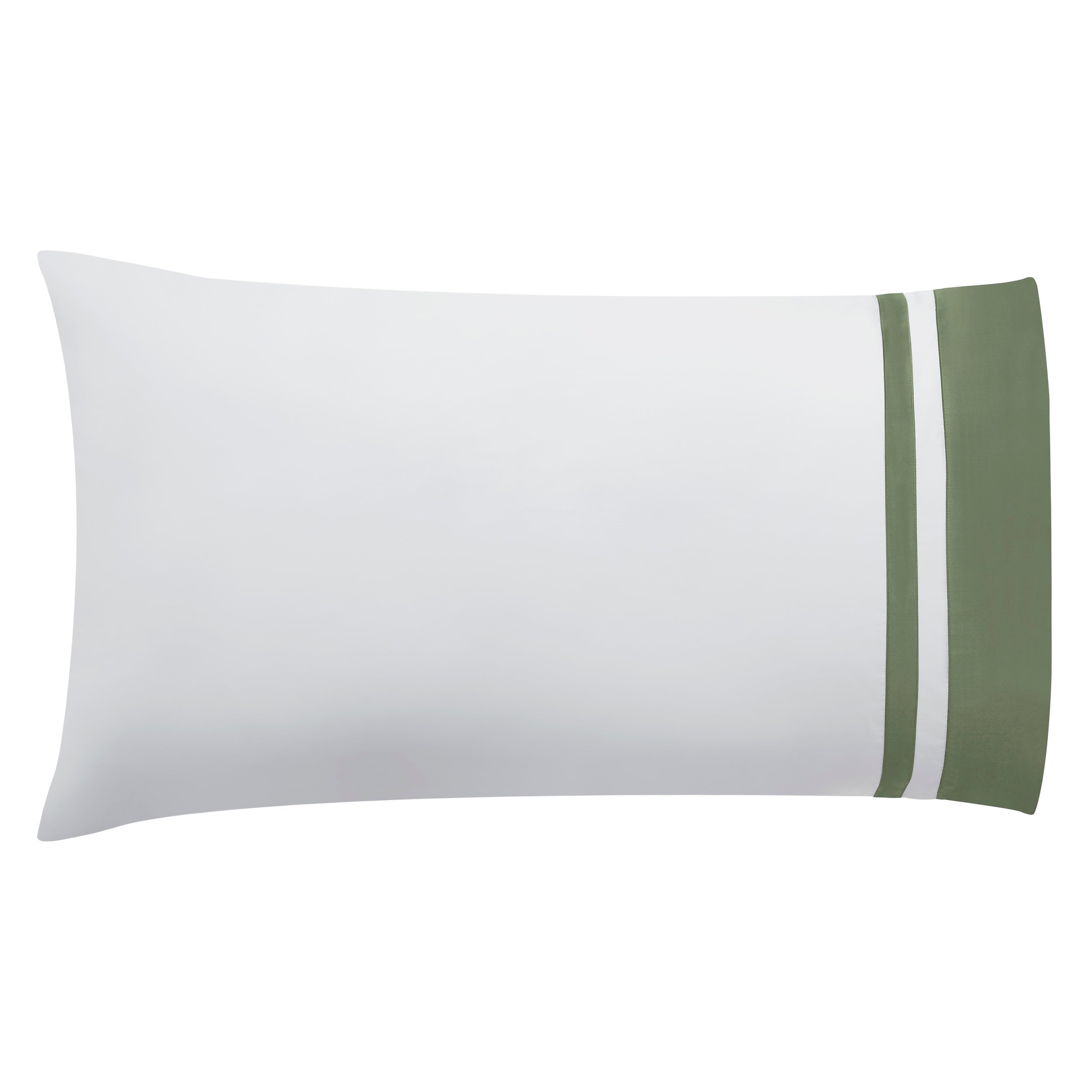 ASP-542-2032_3|Single standard 100% cotton sateen pillowcase in white, accented with a wide olive green border and dual white stripes.