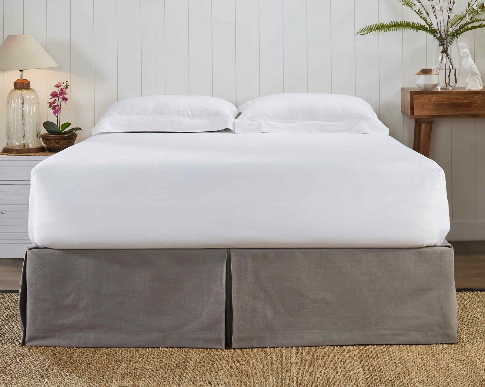 BS-110-7880_2|Stylish grey panel bed skirt with elegant box pleats, creating a contemporary and refined look for your serene bedroom.