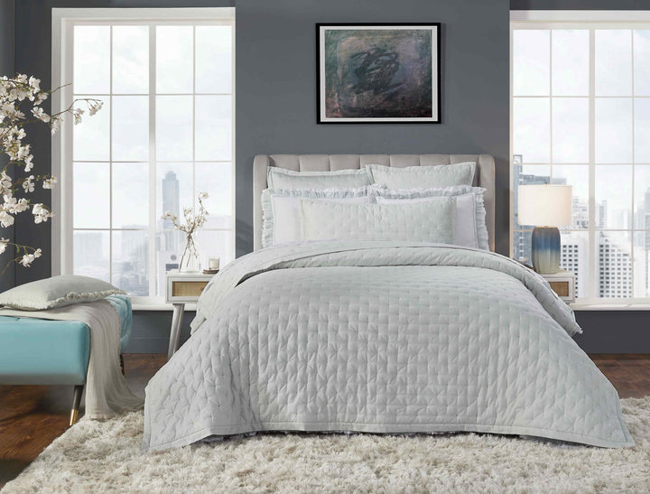 QT-351-9496_1|Soft sage green quilted bedspread with subtle diamond stitching, offering a tranquil and sophisticated look for bedroom serenity.