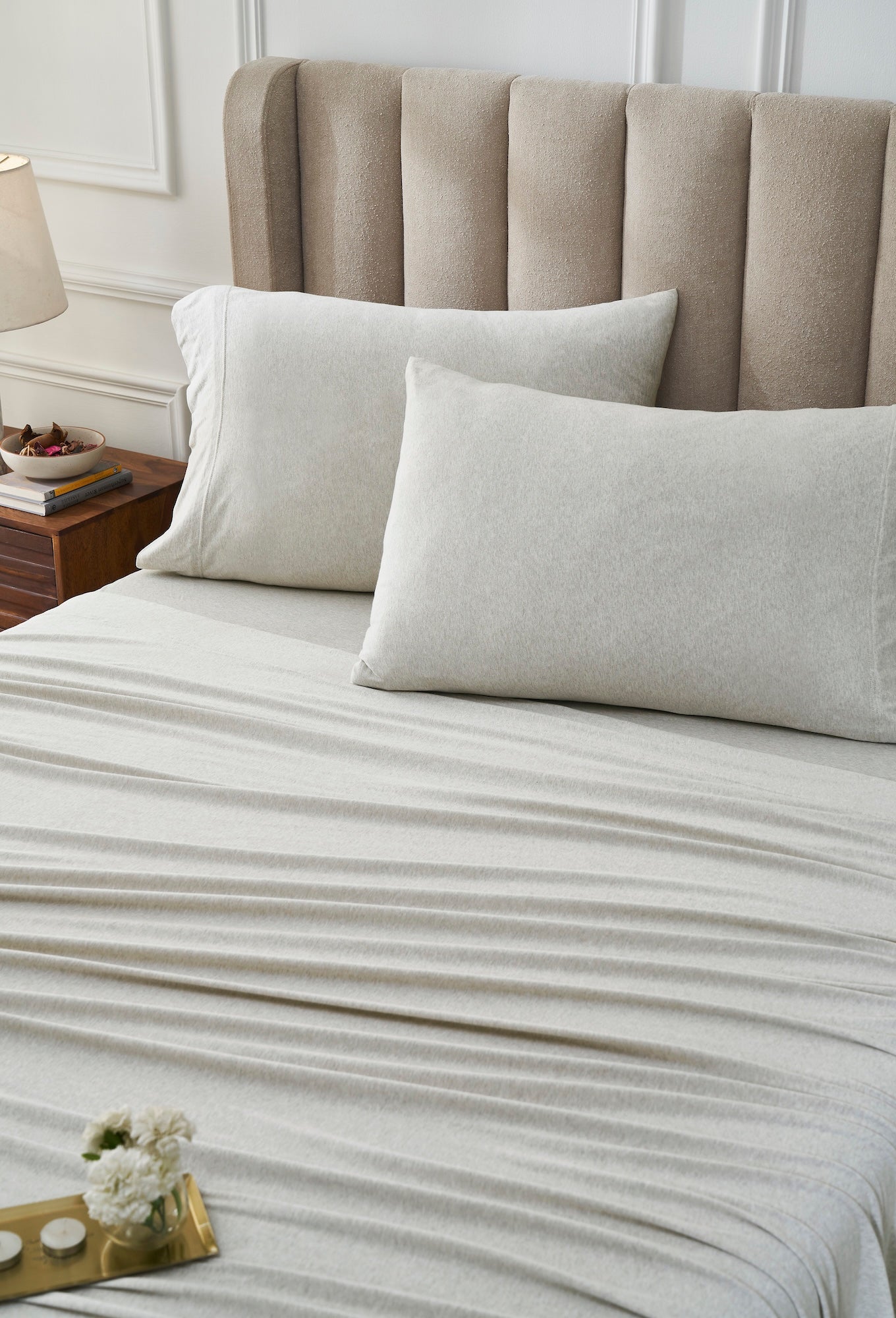 CSS-526-7284_2|Plush light beige melange 100% cotton sheet set and pillowcases, soft comfortable bedding for a stylish bedroom.