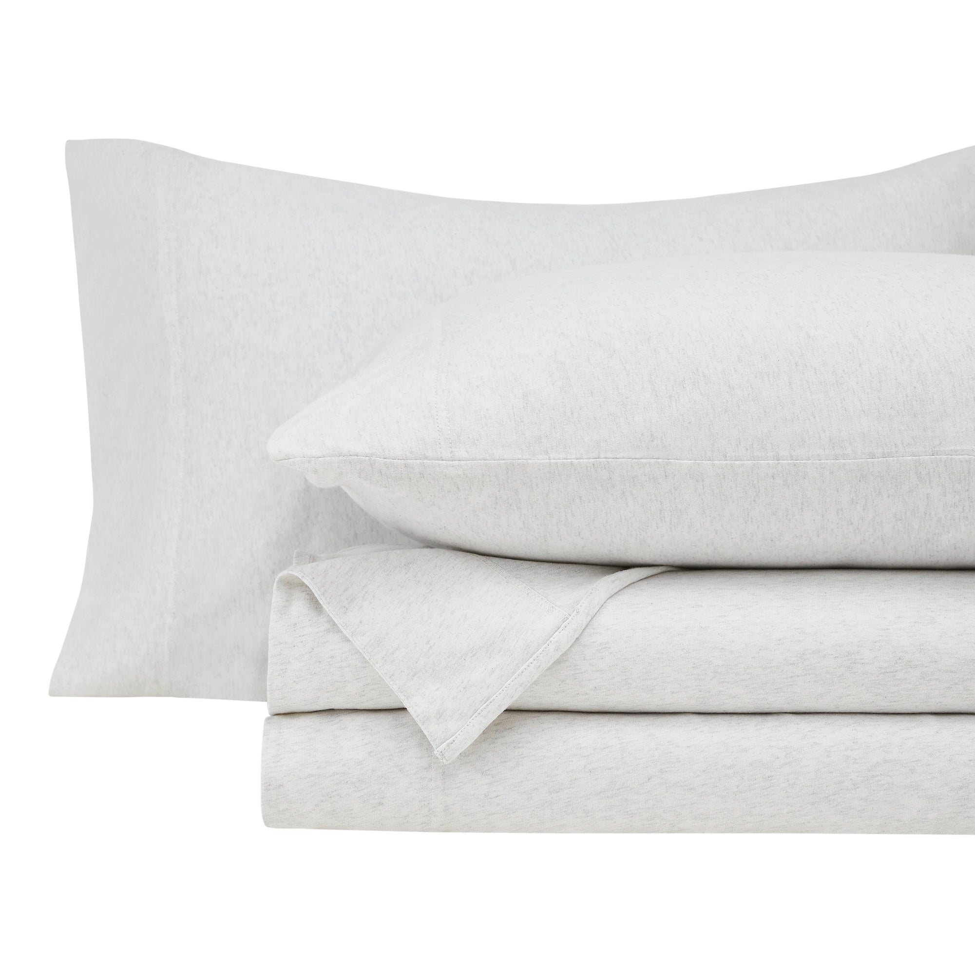 KSS-525-7880_5|Folded soft, cozy heather grey 100% cotton jersey sheets and pillowcases, offering breathable, relaxed, and easy-care comfort.