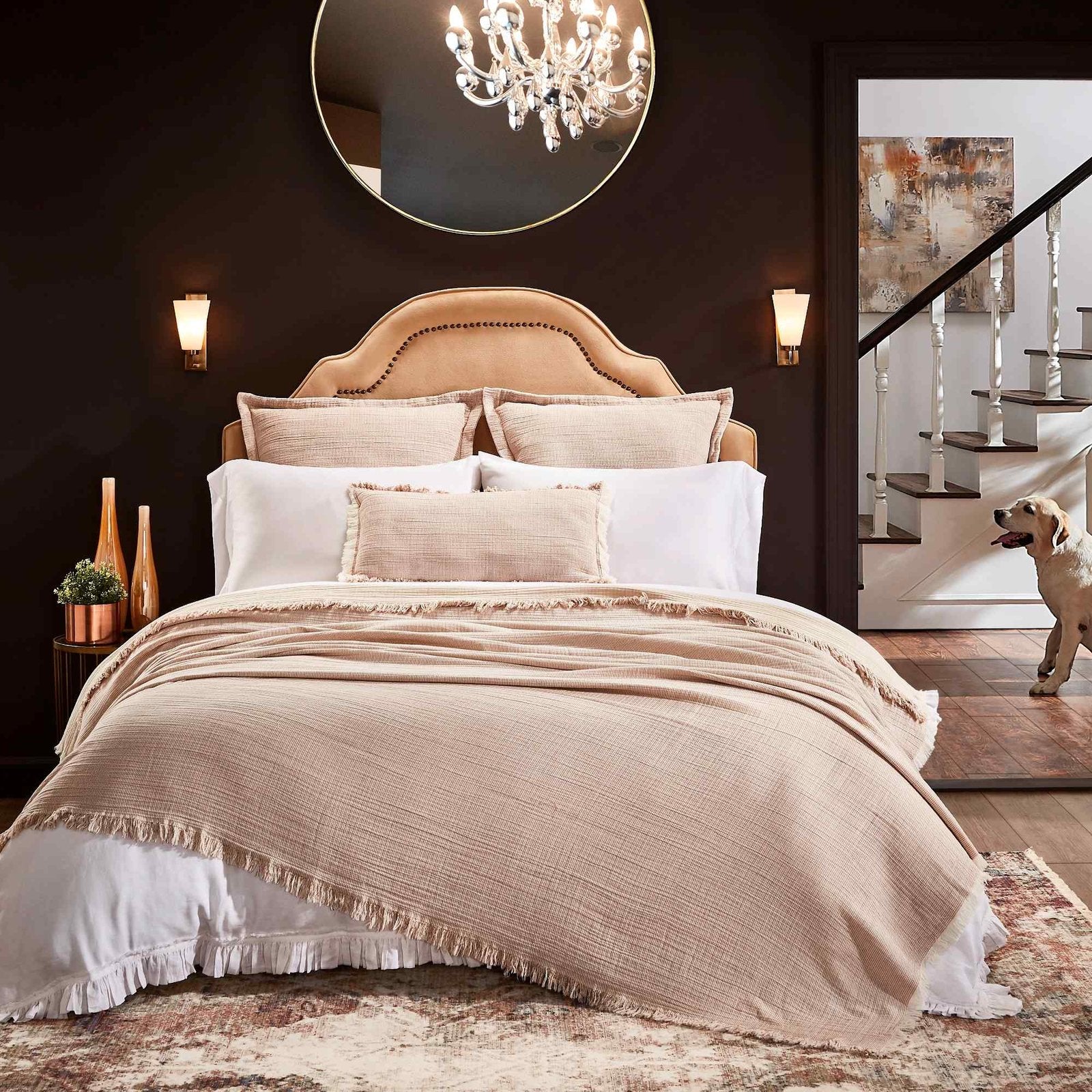 BT-112-9496_1|Cozy beige fringed gauze throw blanket draped across a bed, adding casual texture and warmth to bedroom decor.