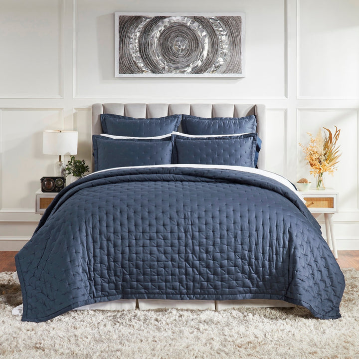 QT-357-9496_1|Sophisticated navy blue quilted bedding ensemble. Modern square stitch pattern, adds deep color and comfort to any bedroom.